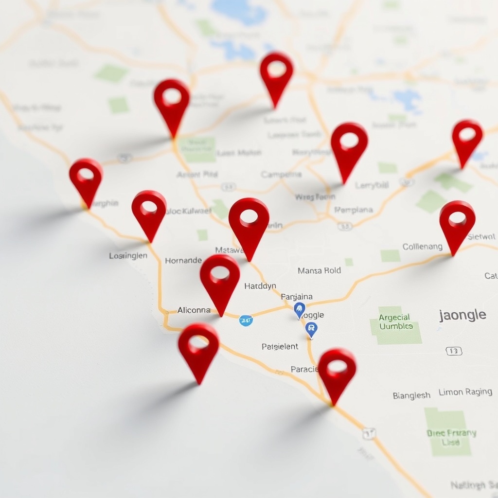 Mapa z znacznikami lokalizacji podkreśla różne firmy.