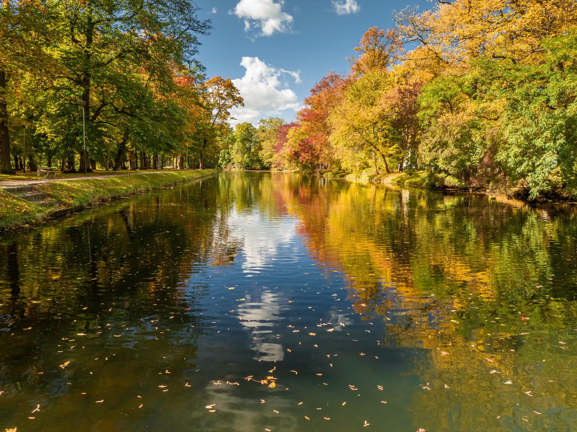 Aerial view to autumn river Brda, Bydgoszcz, Poland
