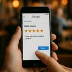 Klient wystawia opinię Google w lokalu usługowym na telefonie