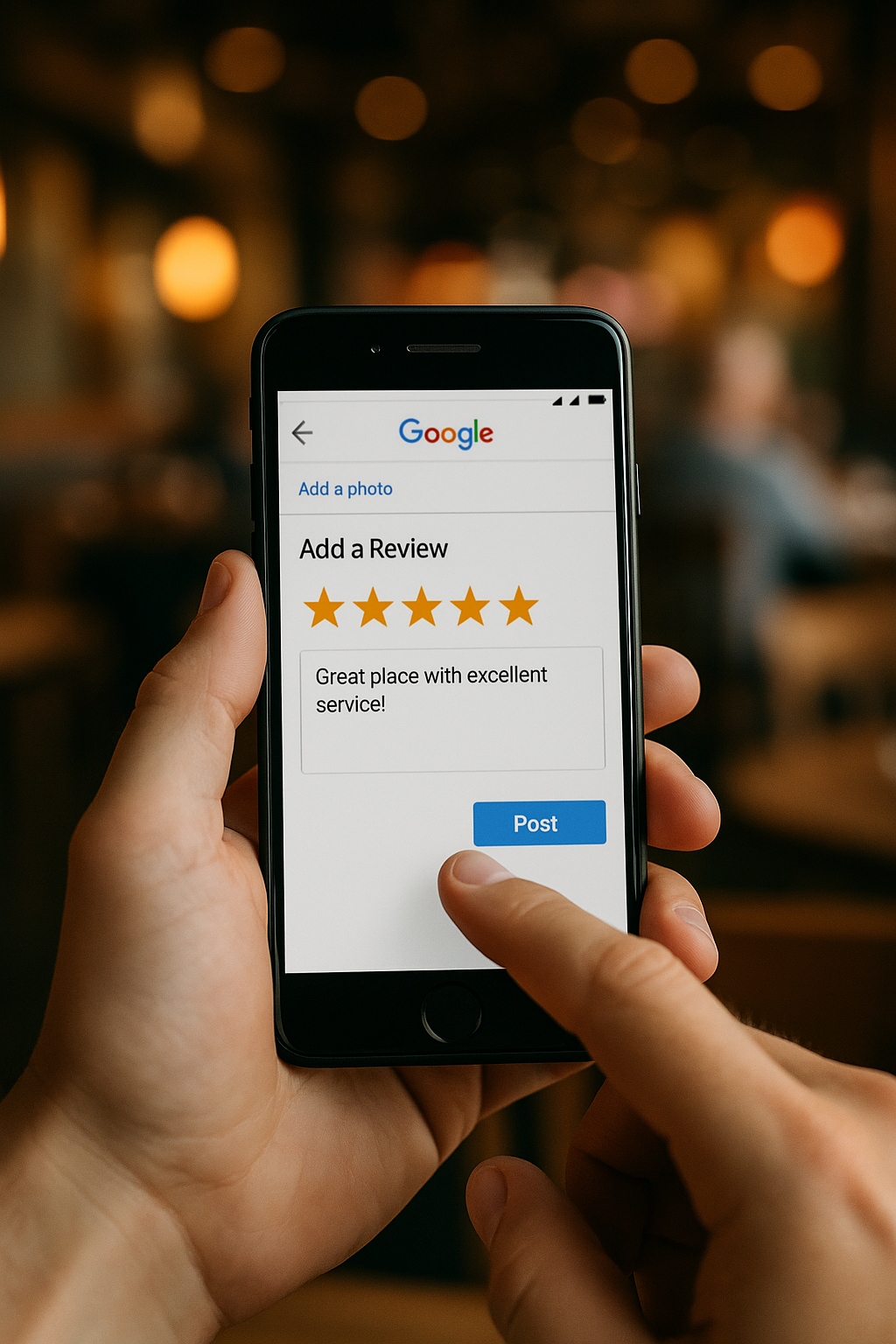 Klient wystawia opinię Google w lokalu usługowym na telefonie
