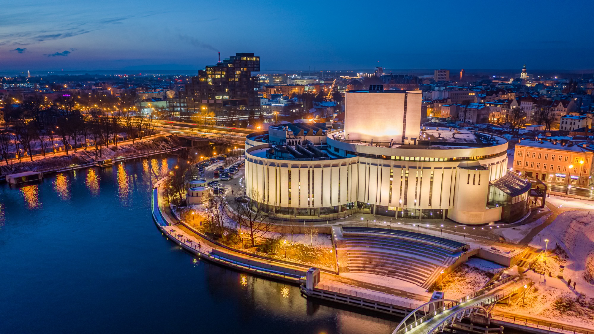 Downtown of Bydgoszcz at dusk in winter, Poland. Aerial view