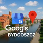 Panorama Bydgoszczy z rzeką Brdą, logo Google Moja Firma i czerwoną pinezką na tle miasta