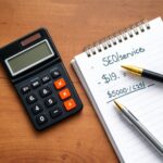 Kalkulator pokazuje koszt usług SEO obok notatnika.