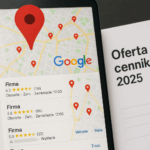 Ekran z mapą Google pokazujący lokalizacje firm i ranking opinii, obok dokument z napisem "Oferta i cennik 2025" Pozycjonowanie wizytówek google