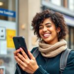 Uśmiechnięty klient zostawia pozytywną opinię na swoim telefonie.