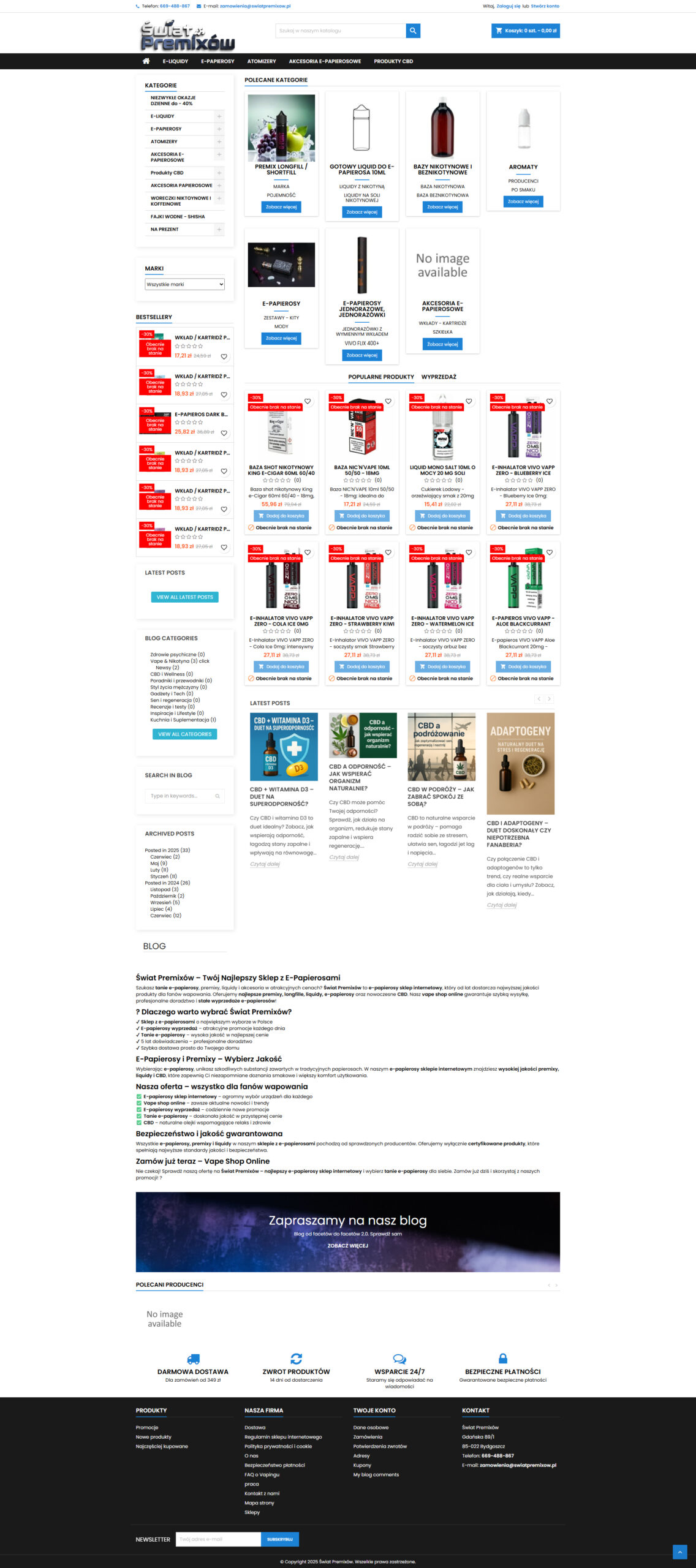 Sklep internetowy na PrestaShop - Świat Premixów vape shop z katalogiem produktów i systemem płatności online