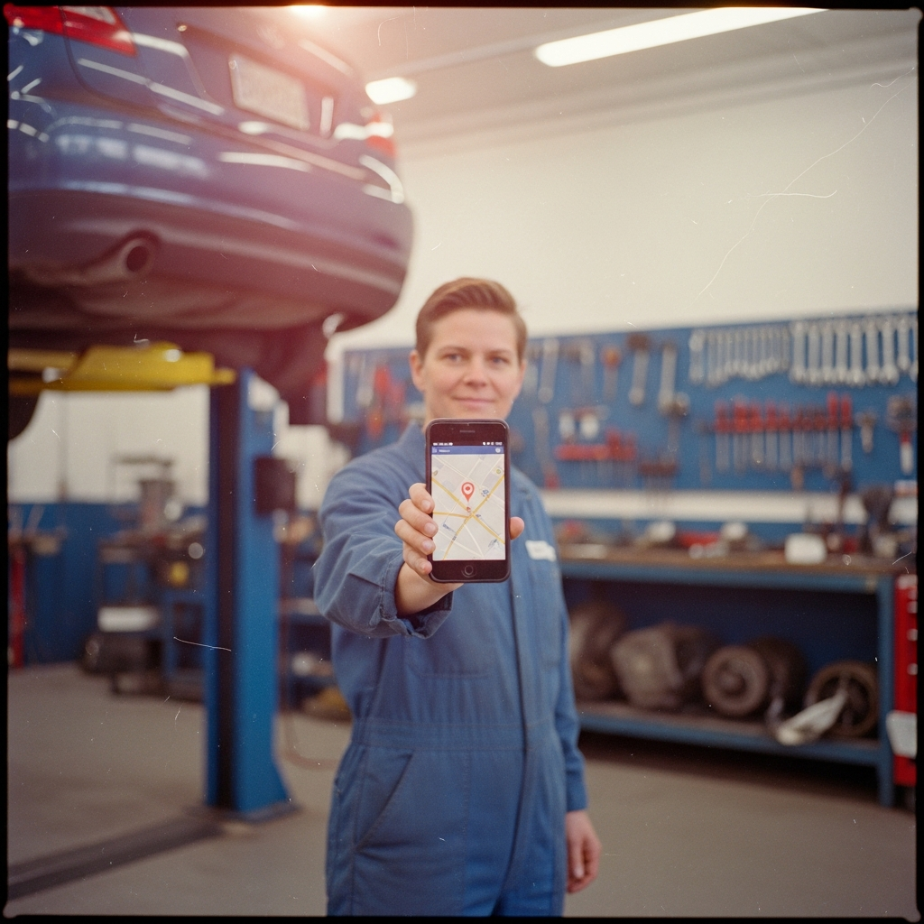 Mechanik z telefonem w warsztacie. pozycjonowanie wizytówki google