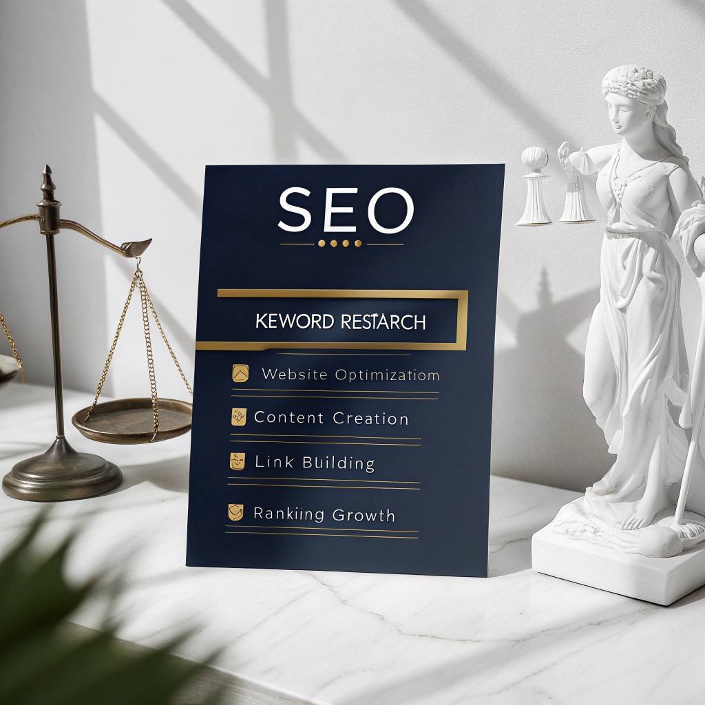 Infografika przedstawiająca proces SEO dla kancelarii prawnej: analiza, optymalizacja, treści i linki