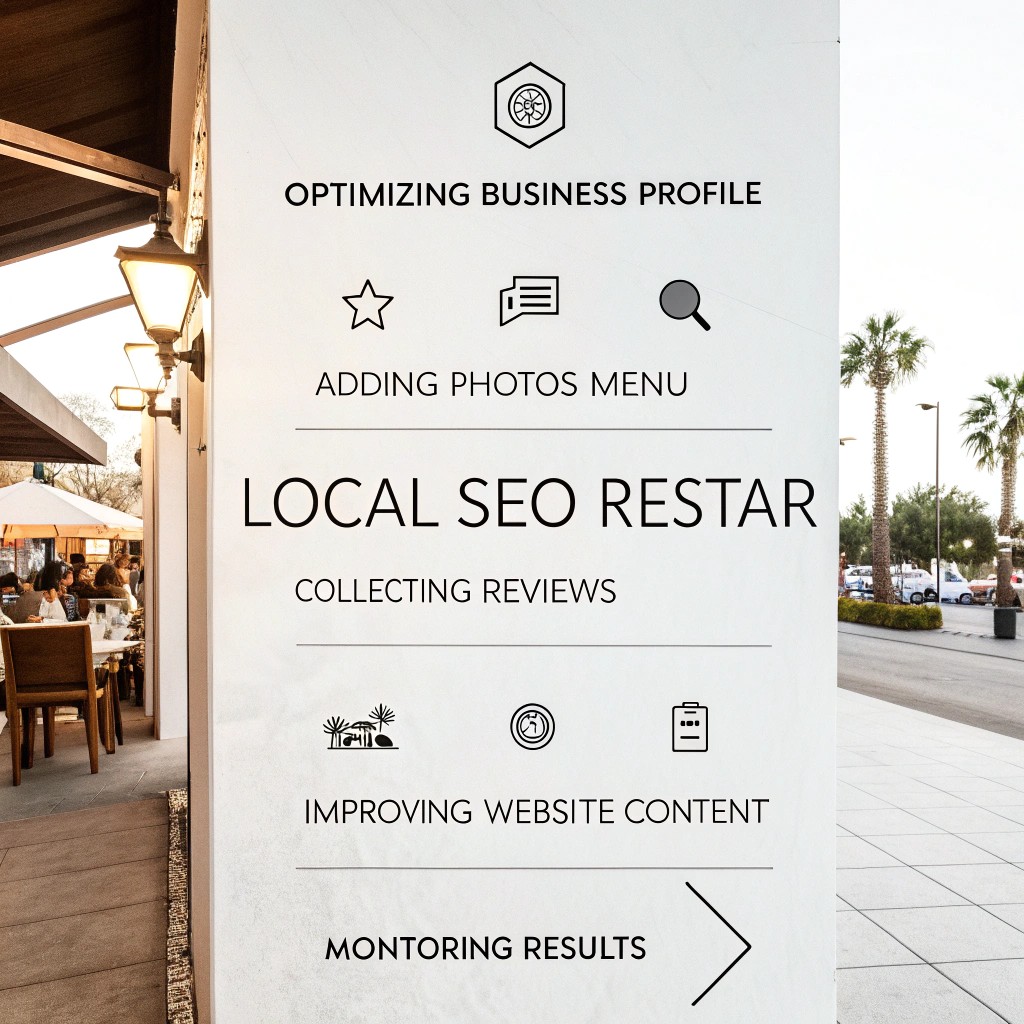 Infografika przedstawiająca proces lokalnego SEO dla restauracji krok po kroku