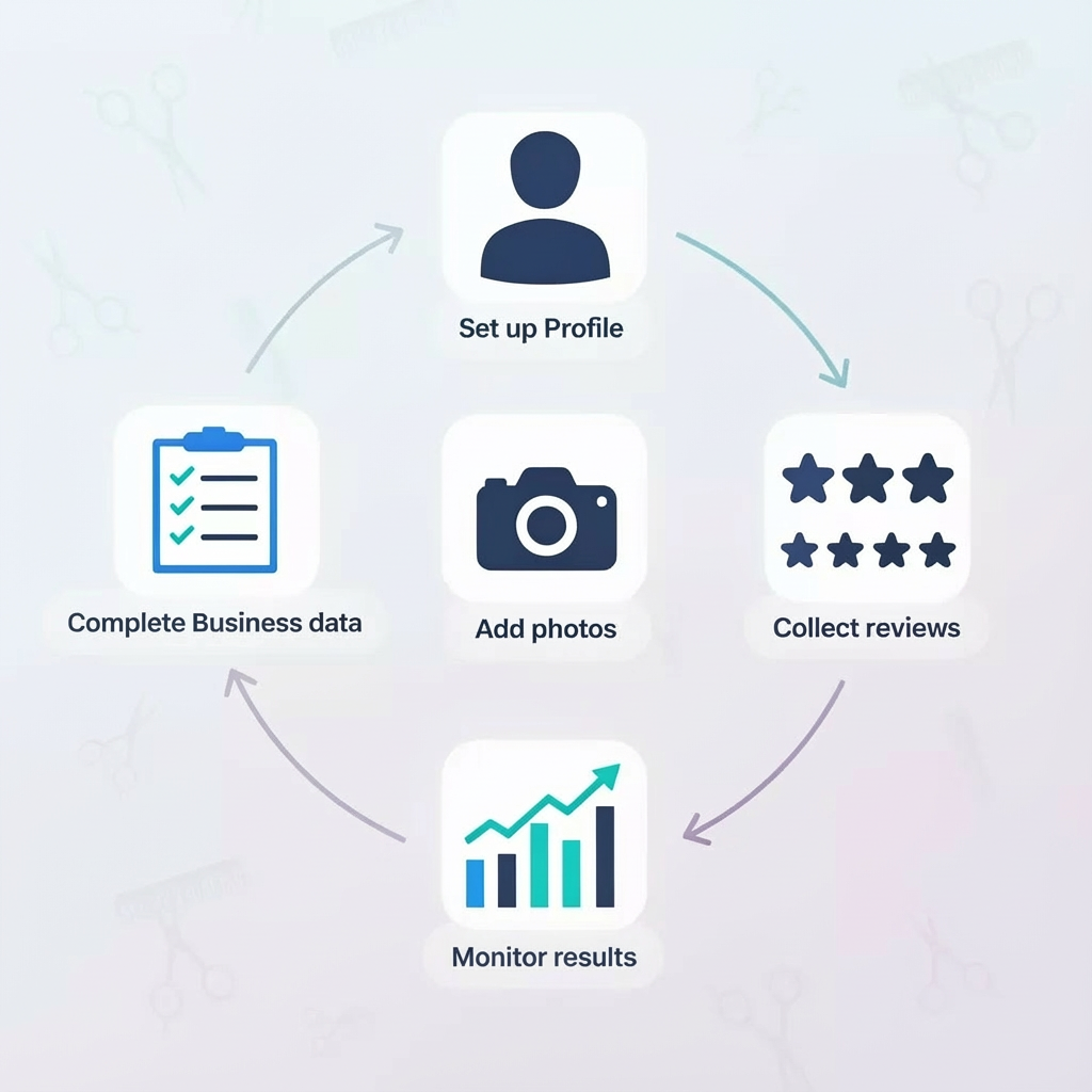 Infografika przedstawiająca proces SEO i pozycjonowania wizytówki salonu fryzjerskiego