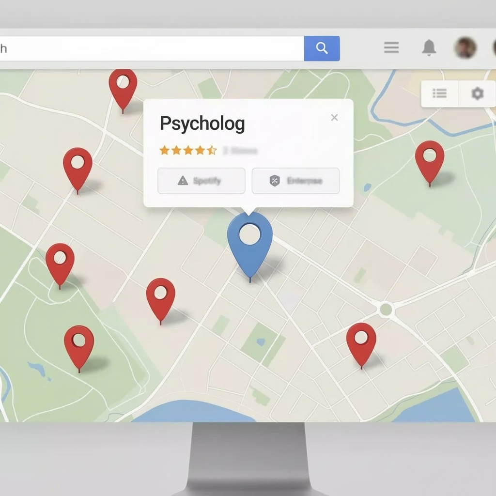 Lokalne wyniki na mapach Google z zaznaczonym gabinetem psychologicznym
