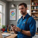 Hydraulik oglądający wizytówkę Google swojej firmy na smartfonie – pozycjonowanie wizytówki hydraulika