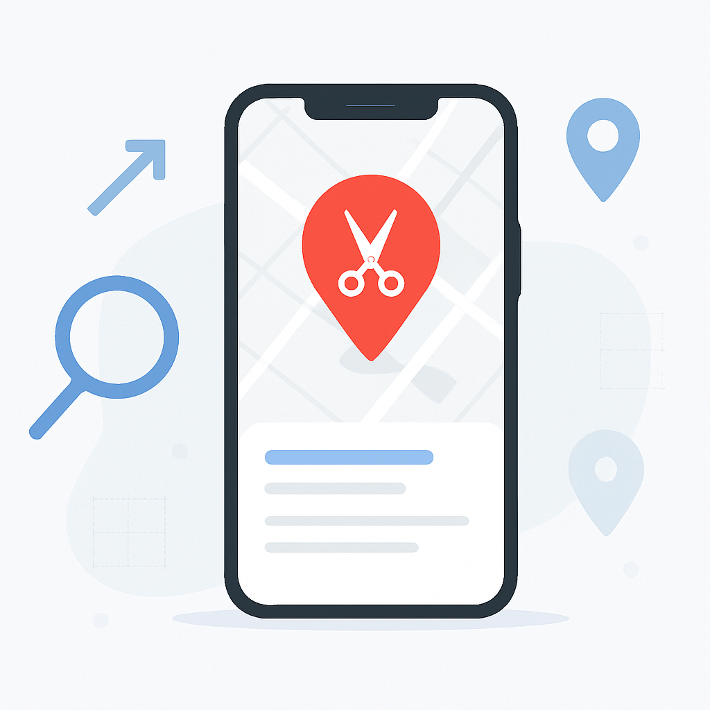Pozycjonowanie wizytówki Google salonu fryzjerskiego – grafika z mapą i ikoną nożyczek fryzjerskich