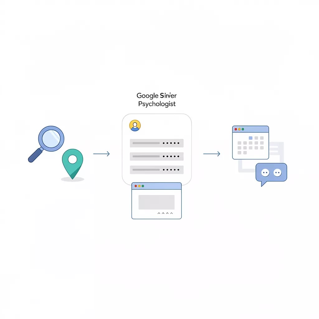Schemat działań SEO dla psychologa łączący wizytówkę Google i stronę internetową