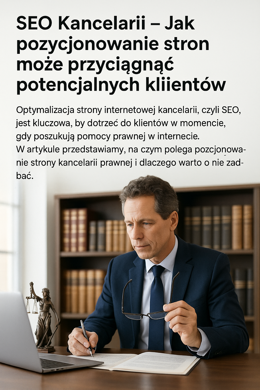 Prawnik pracujący przy biurku w kancelarii nad optymalizacją SEO strony kancelarii