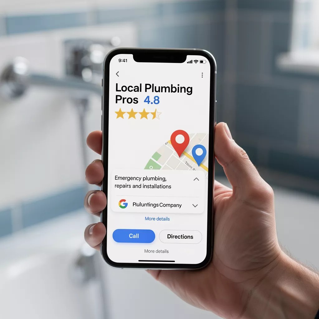 Przykład wizytówki Google hydraulika na ekranie telefonu z ocenami i przyciskami połączenia