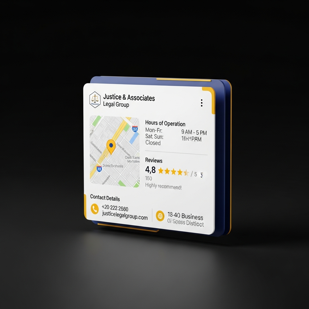 Przykładowa wizytówka Google dla kancelarii prawnej przedstawiona jako graficzny mockup