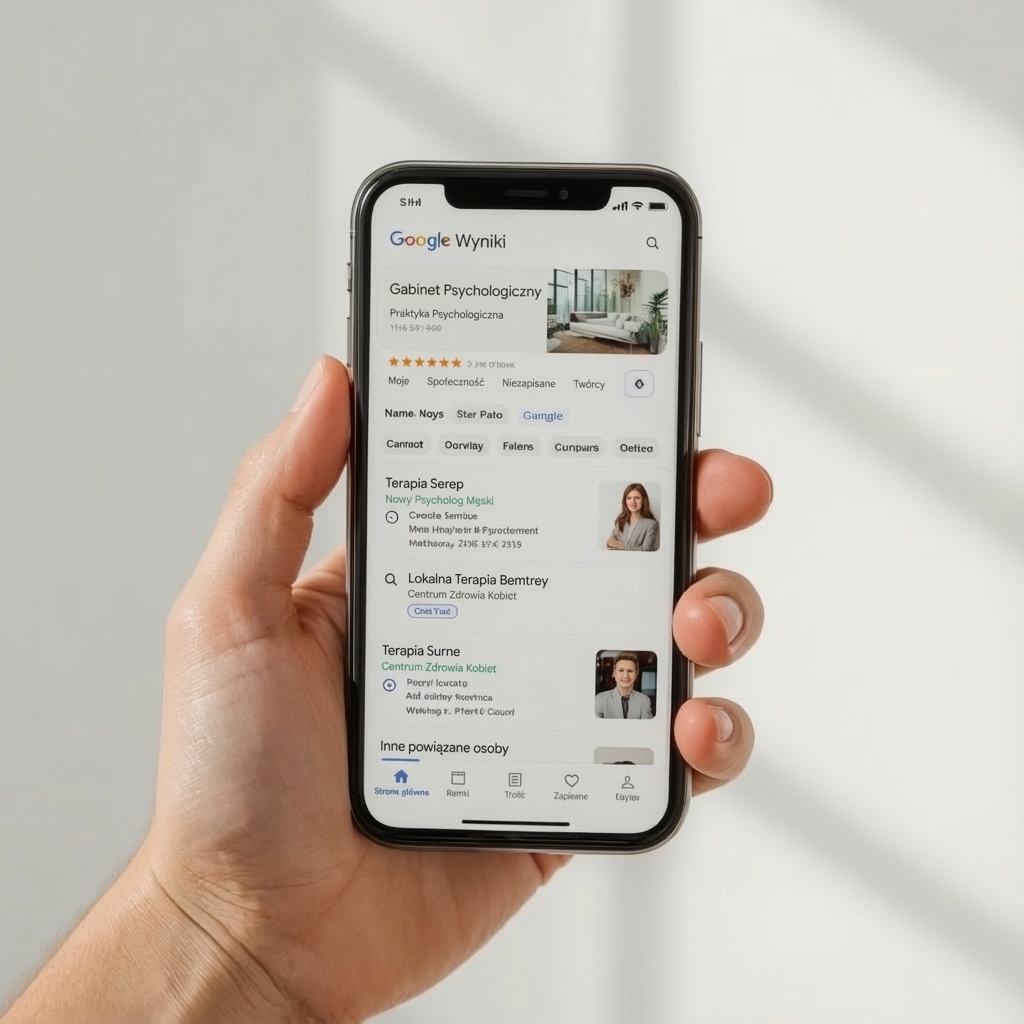 Przykład wizytówki Google gabinetu psychologicznego na ekranie telefonu