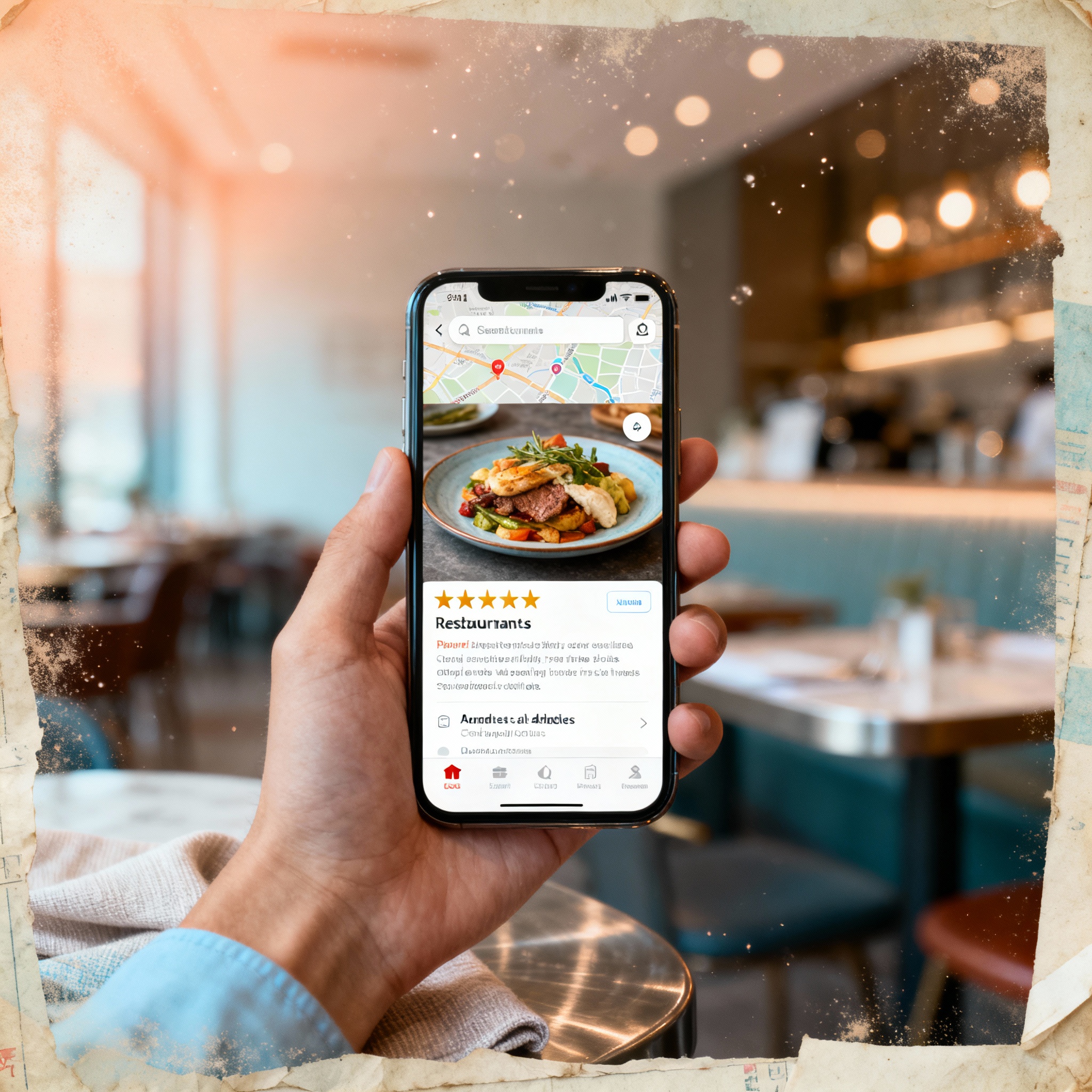 Przykład wizytówki restauracji w aplikacji mapowej z ocenami i zdjęciami