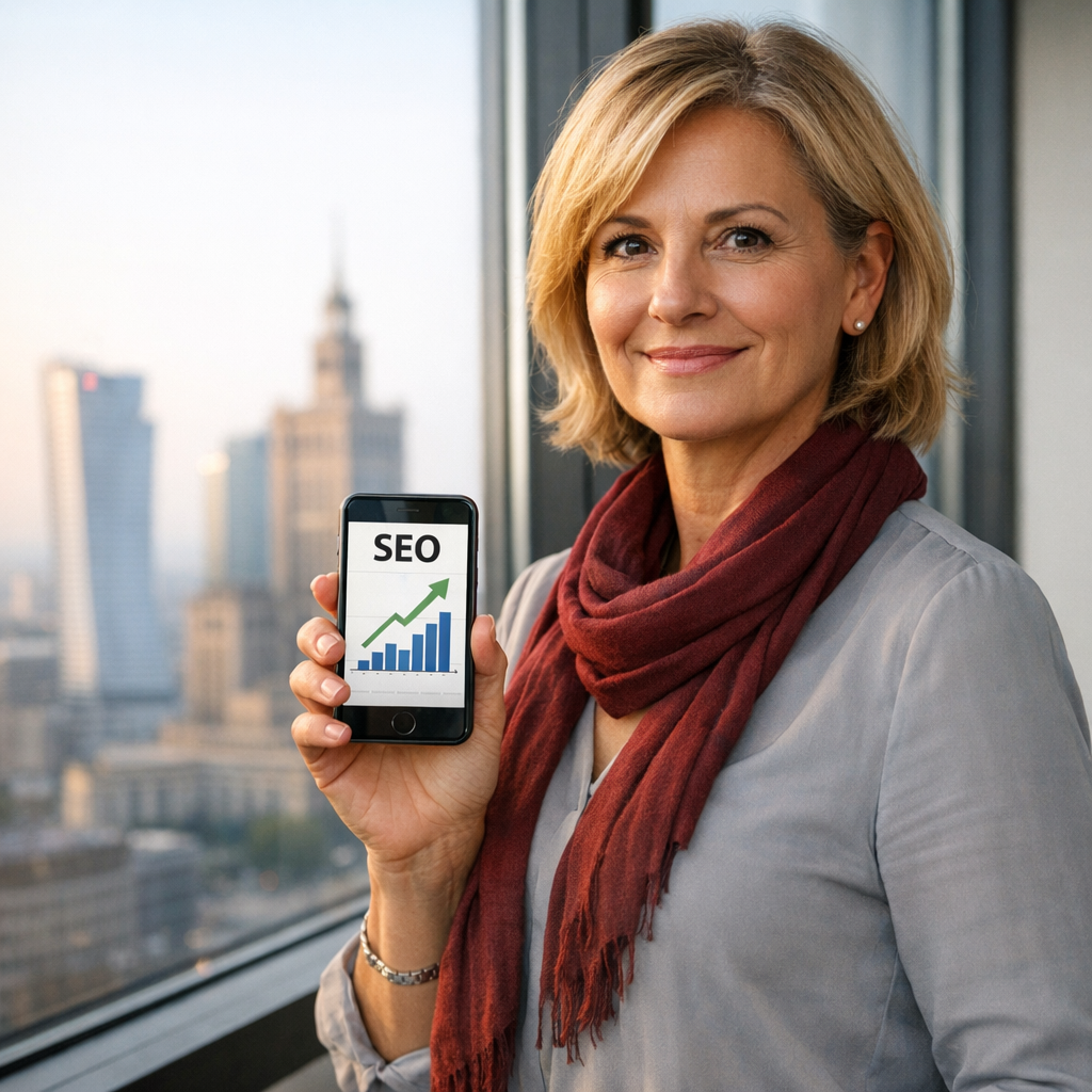 Professional business photography. Optimistic 50-year-old Polish female entrepreneur stands by a large window overlooking a city skyline, holding a smartphone showing an upward SEO trend. Gray blouse, burgundy scarf, soft morning light, hopeful forward-looking mood. NOT cartoon, NOT illustration