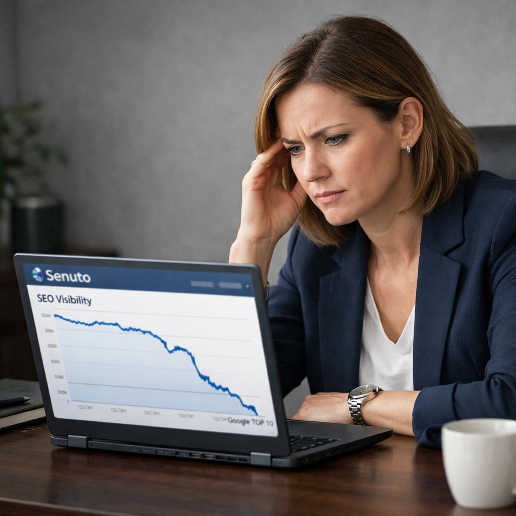 Professional business photography. Worried 38-year-old Polish woman small business owner in a minimalist office, staring at a laptop screen showing a plummeting SEO ranking graph in Senuto. Dark wood desk, gray wall, navy blazer, soft natural light. NOT cartoon, NOT illustration