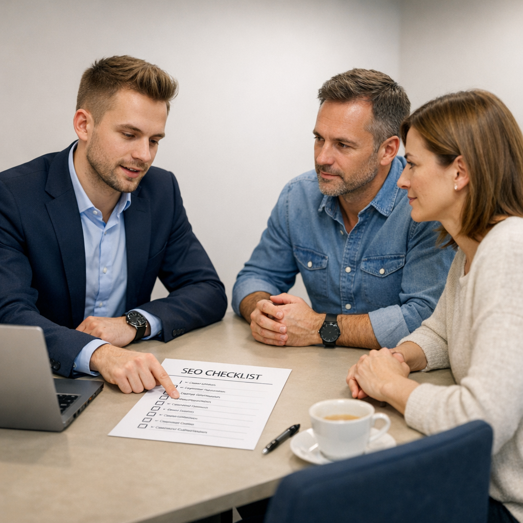 Professional business photography. Focused 30-year-old Polish man using Google Search Console and Senuto dashboards on dual monitors in a bright contemporary workspace. Visible charts, tables and time-series data. Clean beige and white decor, soft window light. NOT cartoon, NOT illustration