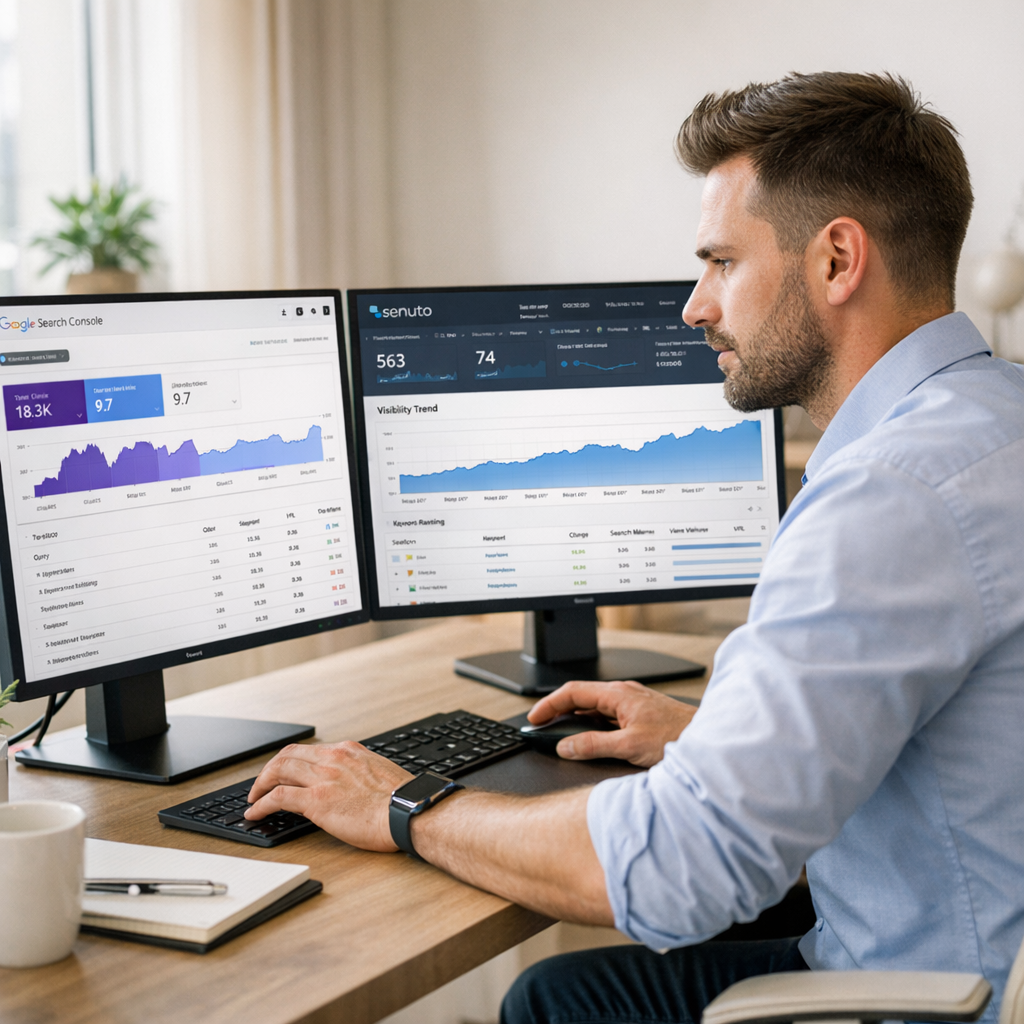 Professional business photography. Smiling 42-year-old Polish woman owner of a cleaning company in Bydgoszcz holds a tablet displaying a rising traffic graph and local link building report. Modern home office backdrop with burgundy accents, natural light from the right. NOT cartoon, NOT illustration
