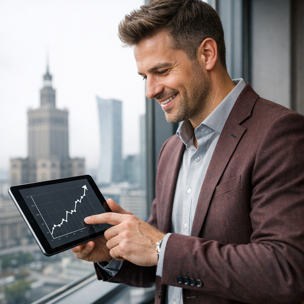 Professional business photography. 38-year-old Polish entrepreneur from Warsaw reviewing an upward traffic graph on a tablet, optimistic smile, standing by an office window with city skyline. Muted gray and burgundy tones, natural light. Focus on tablet. Action-oriented. NOT cartoon, NOT illustration