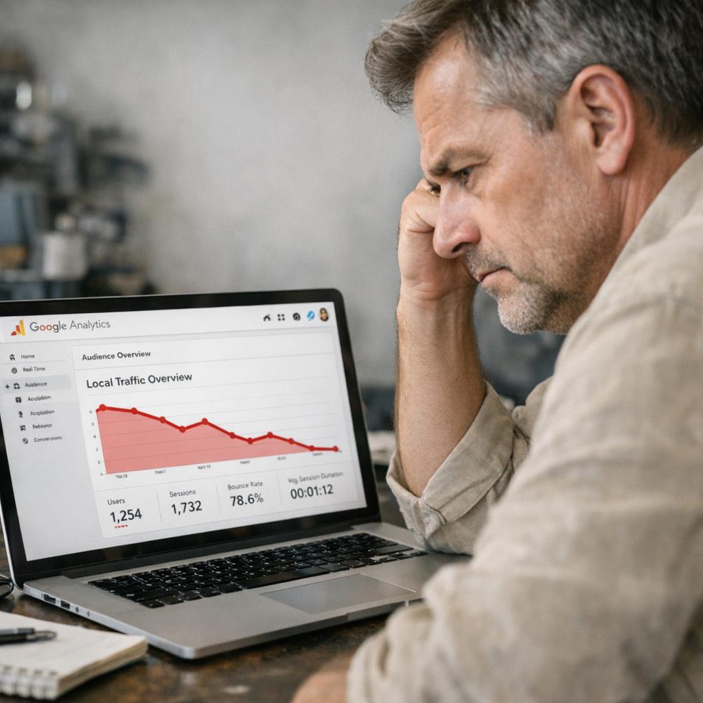 Professional business photography. 50-year-old Polish workshop owner sitting at desk, staring at laptop showing Google Analytics with red declining local traffic chart. Worried expression, beige shirt, gray background, natural light. Focus on screen. NOT cartoon, NOT illustration