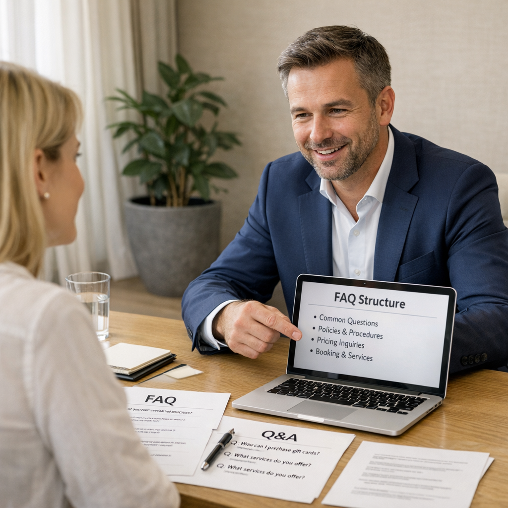 Professional business photography. 35-year-old Polish hotel manager at a contemporary office desk implementing a Q&A section on laptop, confident smile, rolled-up sleeves. FAQ list visible on screen. Muted burgundy and navy accents, natural window light. NOT cartoon, NOT illustration