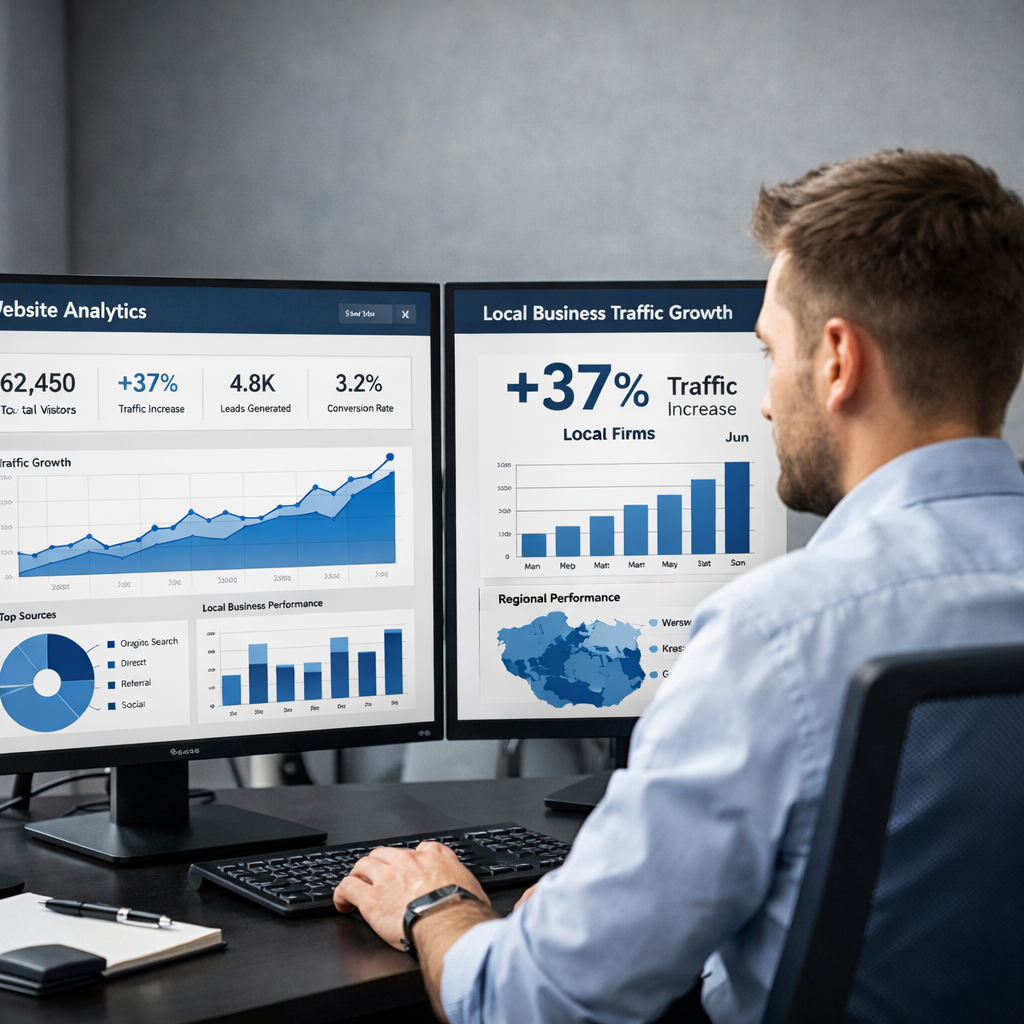 Professional business photography. 40-year-old Polish consultant explaining FAQ structure to a salon owner over a laptop in a bright meeting room. Sample Q&A sheets on the table. Navy blue suit, beige décor, soft natural light. Collaborative, advisory mood. NOT cartoon, NOT illustration