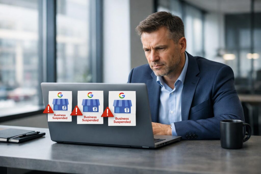 Professional business photography. 45-year-old Polish man in a modern office wide shot, looking at laptop screen showing suspended Google My Business profiles with red warning icons. Muted navy blue suit, gray desk, natural window light. NOT cartoon, NOT illustration