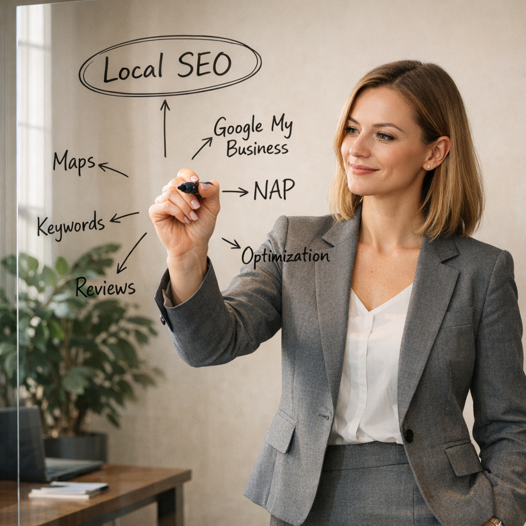 Professional business photography. 30-year-old Polish woman writing local SEO keywords on glass whiteboard, planning next steps, modern office with potted plant, beige wall, gray skirt suit, focused optimistic expression, soft morning light. NOT cartoon, NOT illustration