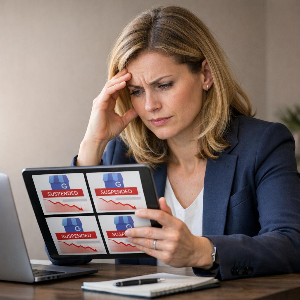 Professional business photography. 38-year-old Polish woman seated at modern desk, distressed as she looks at tablet displaying multiple Google My Business profile cards with red suspension warnings and declining charts. Beige walls, navy blazer, soft natural side light. NOT cartoon, NOT illustration