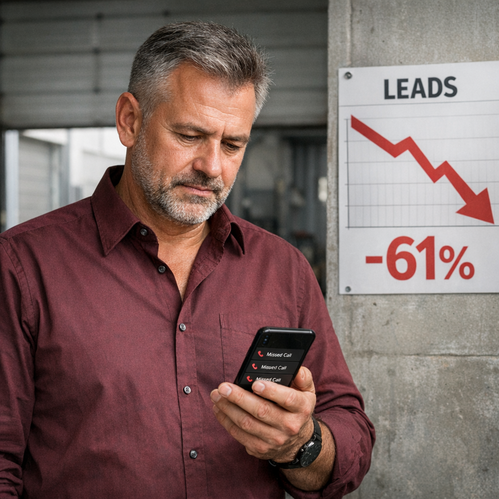 Professional business photography. 28-year-old Polish hair salon owner in Warsaw, standing beside empty styling chairs, looking at laptop showing suspended service listings and 62% drop graph. Muted gray walls, beige chair, soft overhead natural light. NOT cartoon, NOT illustration