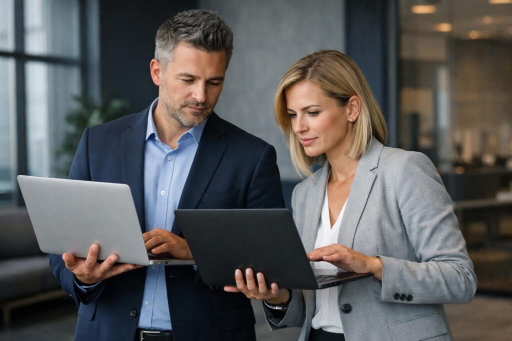 Professional business photography. Contemplative 40-year-old Polish man and woman business owners standing in a modern office lobby, laptops in hand, comparing AI software and SEO reports. Muted navy and gray interior, natural window light. NOT cartoon, NOT illustration