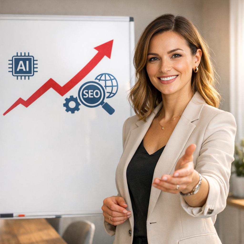 Professional business photography. Optimistic 30-year-old Polish boutique owner standing by a whiteboard with an upward trend arrow and AI+SEO icons. Bright beige and gray meeting room, gesturing forward, engaged confident mood, soft afternoon sun. NOT cartoon, NOT illustration