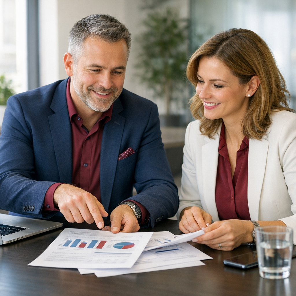 Professional business photography. Confident 32-year-old Polish male car workshop owner at a contemporary desk implementing a hybrid SEO-AI workflow on dual monitors. Determined smile, navy blue shirt, gray background, natural daylight. NOT cartoon, NOT illustration