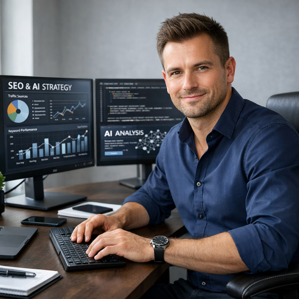 Professional business photography. Close-up of a modern analytics dashboard on a laptop in a Polish small business office, displaying green upward bars (+51%, +33%) and line charts. Clean white desk with notepad and coffee, neutral beige tones, soft natural light. NOT cartoon, NOT illustration