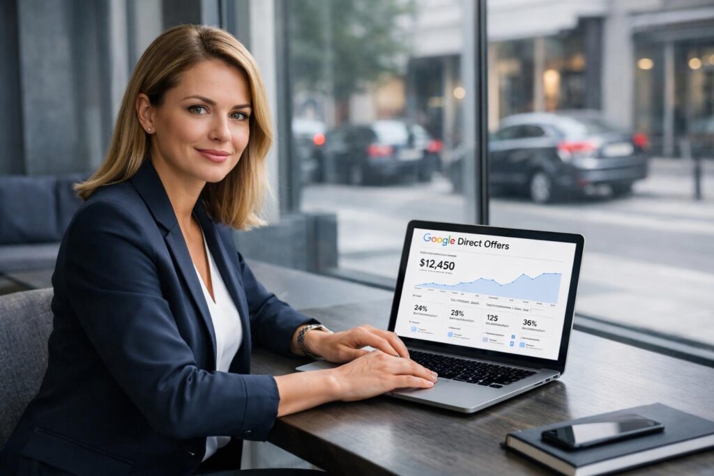 Professional business photography. Wide landscape shot of a confident 35-year-old Polish businesswoman in a modern office by a storefront window, working on a laptop displaying Google Direct Offers dashboard. Muted navy and gray tones, natural light, editorial focus on owner and analytics. NOT cartoon, NOT illustration