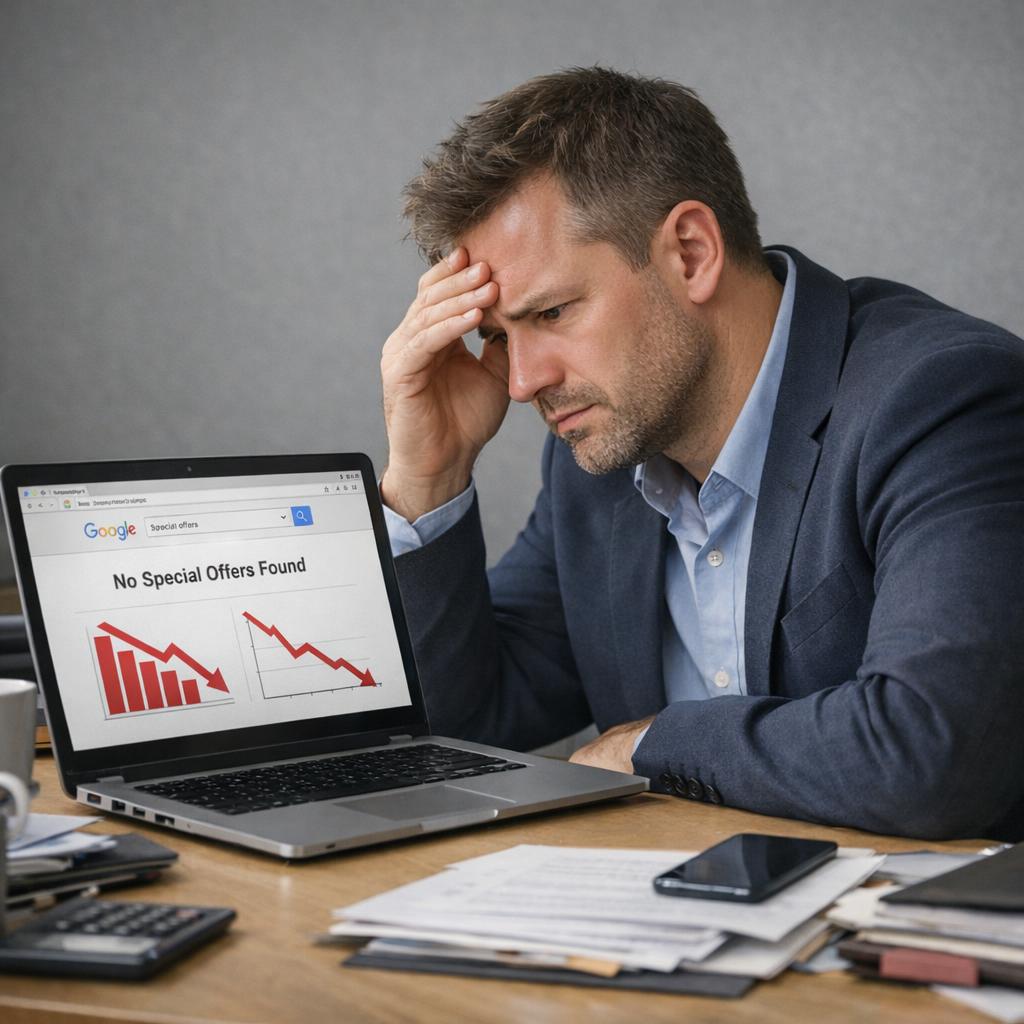 Professional business photography. Worried small business owner (40-year-old Polish man) sitting at a cluttered beige desk looking at a laptop with Google search results showing no special offers and red declining charts on screen. Gray wall, navy blazer, concerned mood, soft natural light. NOT cartoon, NOT illustration