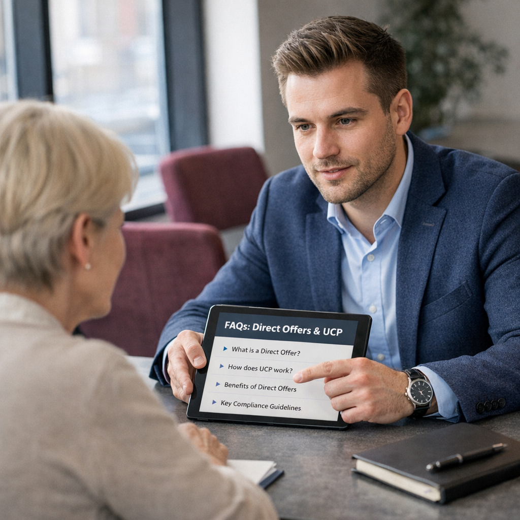 Professional business photography. Confident Polish business owner (35-year-old woman) at a minimalist white desk actively configuring Direct Offers in Google Merchant Center on a laptop. Modern office with burgundy accent, potted plant. Determined expression, natural side light. NOT cartoon, NOT illustration