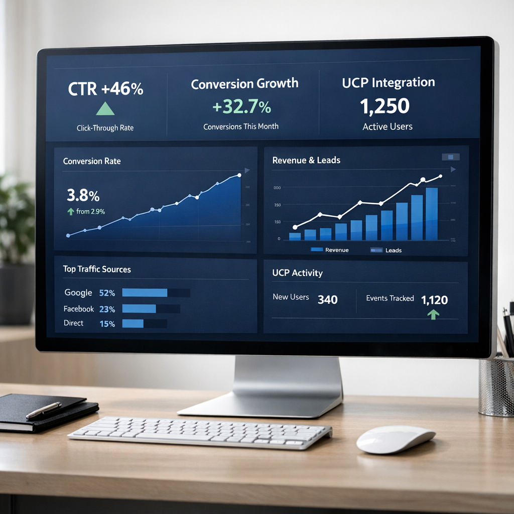 Professional business photography. 30-year-old Polish marketing consultant (male) advising a small business owner across a gray table, pointing at a tablet screen displaying FAQ about Direct Offers and UCP. Modern office with burgundy chairs, natural window light, focused interaction. NOT cartoon, NOT illustration