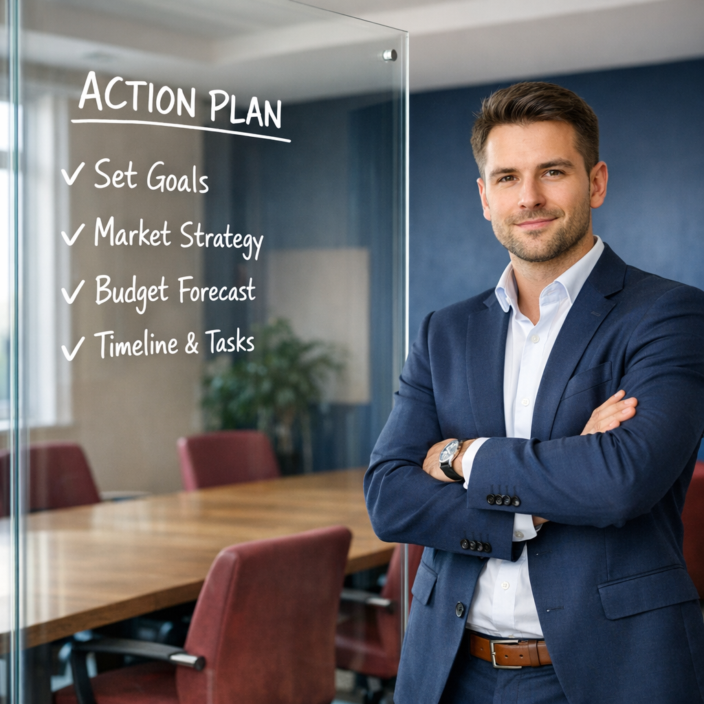 Professional business photography. Forward-looking 30-year-old Polish entrepreneur standing confidently beside a glass board with action plan bullet points. Modern meeting room with navy blue accents, burgundy chairs, beige walls. Bright natural daylight, optimistic tone. NOT cartoon, NOT illustration