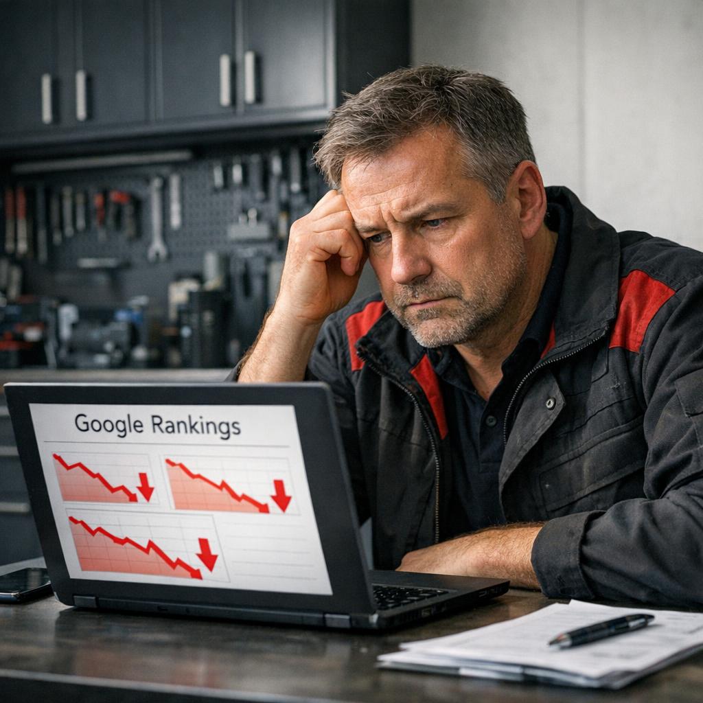 Professional business photography. Worried 50-year-old Polish car workshop owner staring at a laptop screen with red downward trending Google ranking charts. Modern garage office interior with gray tool cabinets and white walls. Somber mood, natural side light. NOT cartoon, NOT illustration