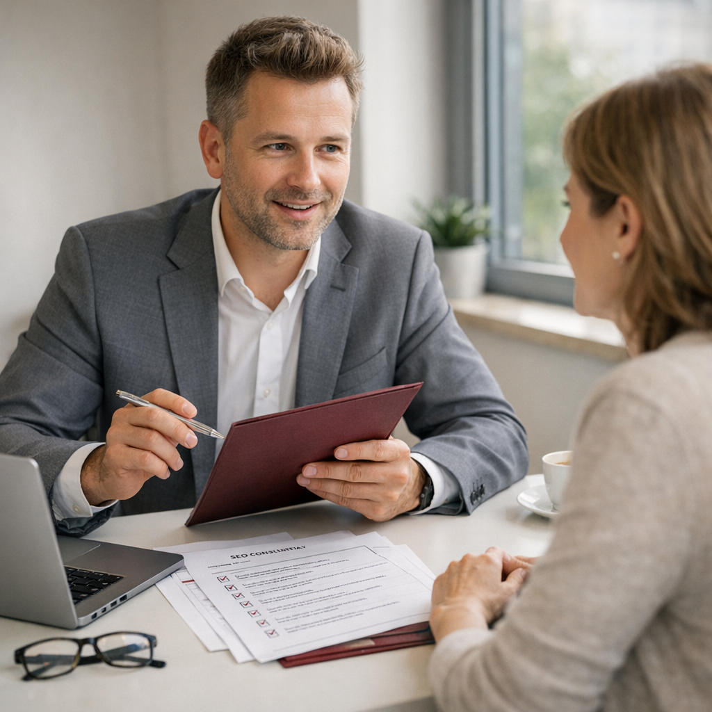 Professional business photography. Determined 35-year-old Polish hotel manager in a contemporary office reviewing Google Search Console on a desktop monitor. Clean white desk, burgundy folder, beige wall and potted plant. Bright natural daylight from window, optimistic productive atmosphere. NOT cartoon, NOT illustration