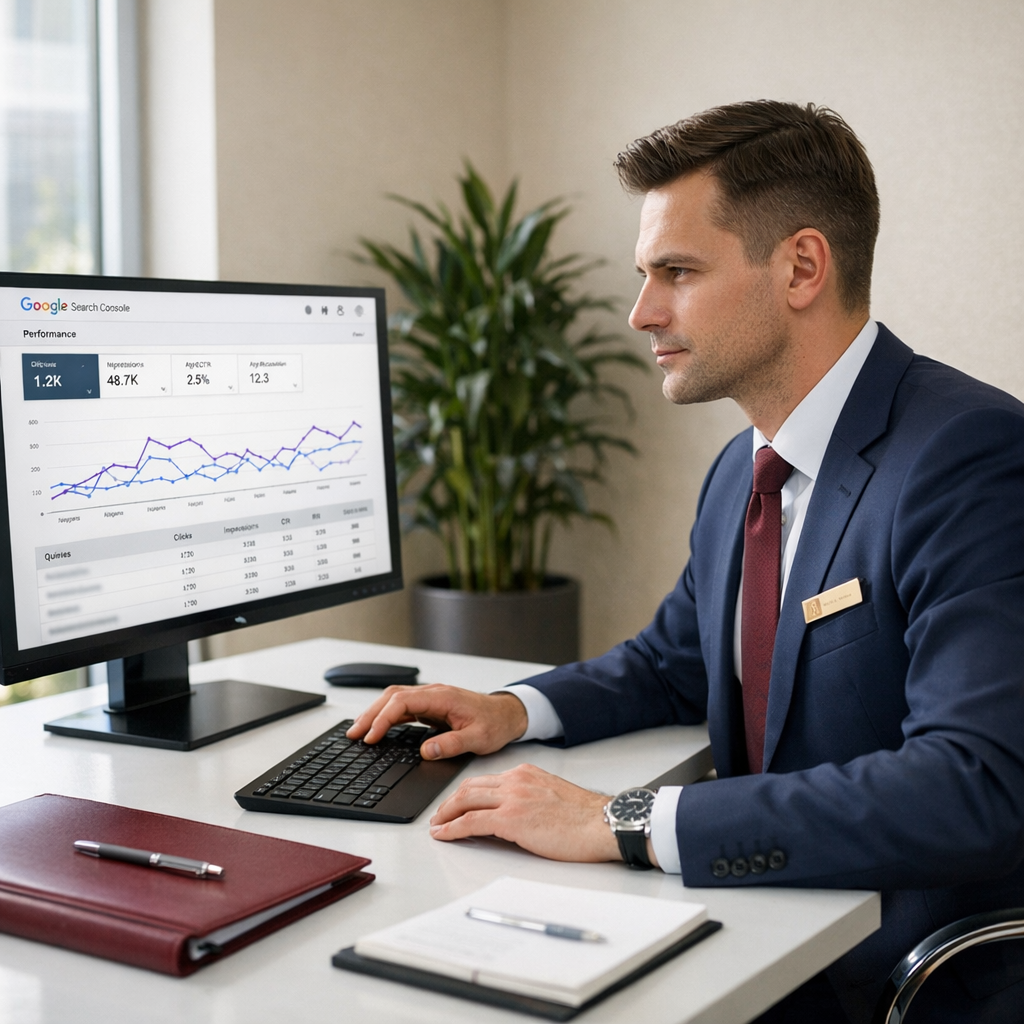 Professional business photography. Close-up of a clean analytics dashboard on a computer screen displaying detailed bar and line charts with Polish labels. Sleek modern office: gray desk, navy blue mug, beige notebook. Soft natural overhead light, clear data focus. NOT cartoon, NOT illustration