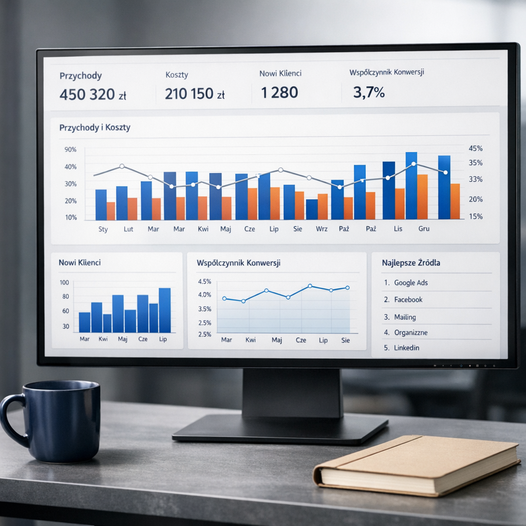 Professional business photography. 40-year-old Polish SEO consultant advising a small business owner at a meeting table with printed checklists and a laptop. Warm neutral palette: gray suit, burgundy folder, white table. Inviting natural window light, supportive professional mood. NOT cartoon, NOT illustration