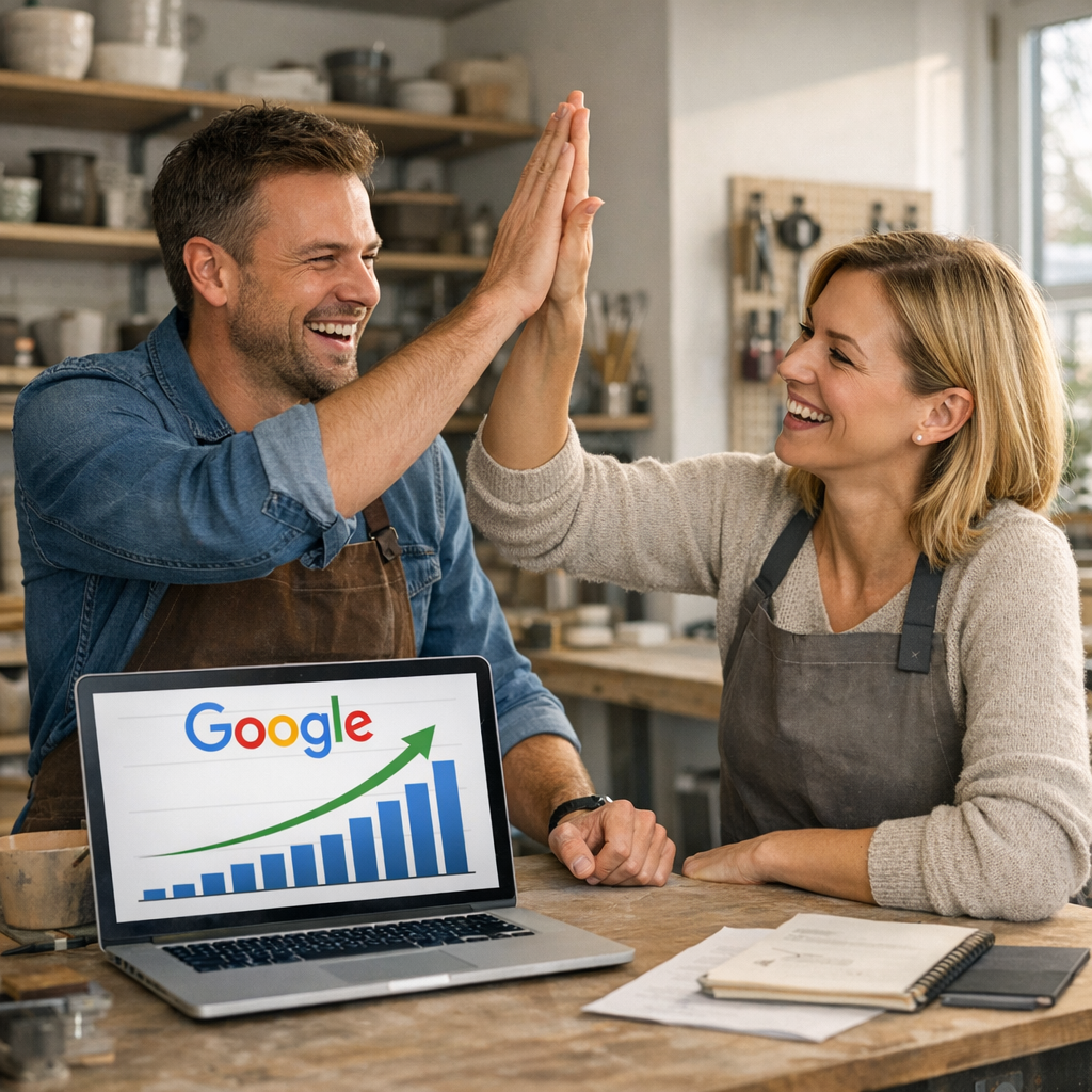 Professional business photography. Optimistic 35-year-old Polish couple celebrating in their small local workshop in Bydgoszcz, high-fiving next to a laptop showing a rising Google ranking chart. Clean modern interior, muted colors, bright natural morning light, upbeat mood. NOT cartoon, NOT illustration