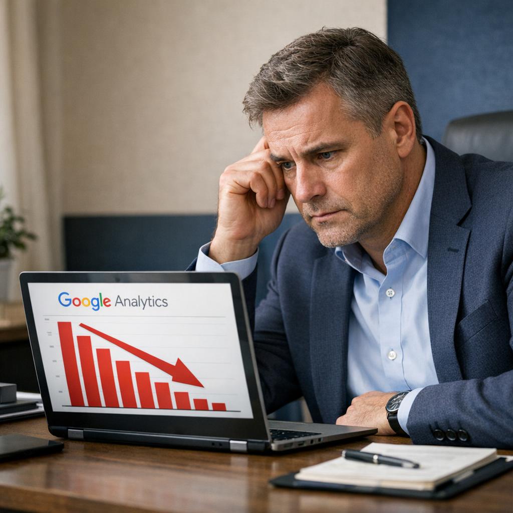 Professional business photography. Worried 50-year-old Polish man, small hotel owner in Warsaw, staring at laptop showing Google Analytics drop with red declining bars. Modern desk with beige walls and navy accent, focused yet anxious mood, soft natural light. NOT cartoon, NOT illustration